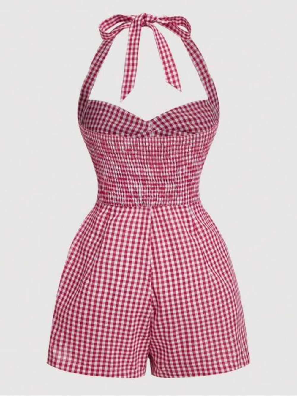 SHEIN MOD Women's Cute Plaid Halter Tied Jumpsuit,Casual Summer Outfits red - Picture 2 of 5
